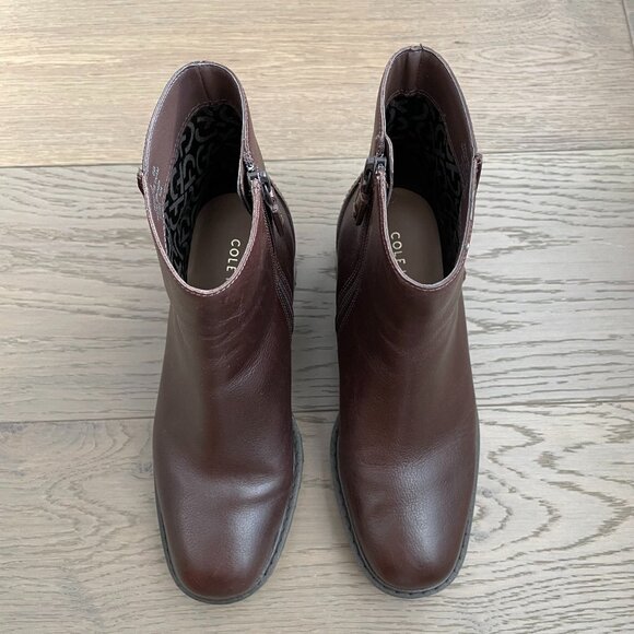 Cole Haan Grand 360 Leather 2" Block Heel Ankle Booties Brown Gripper Sole Sz 6B - Picture 1 of 11